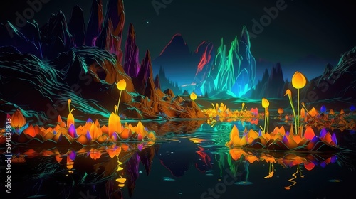 3D neon world, spring, a beautiful neon world with lots of colorful flowers and mountains, magical neon world children playing, neon spring flowers and forest