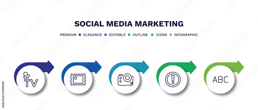 set of social media marketing thin line icons. social media marketing outline icons with infographic template. linear icons such as mass media, post stamp, big photo camera, importance, letters