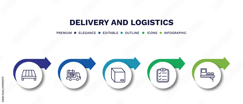 Fototapeta premium set of delivery and logistics thin line icons. delivery and logistics outline icons with infographic template. linear icons such as pallet, delivery date, box, clipboard, x ray vector.