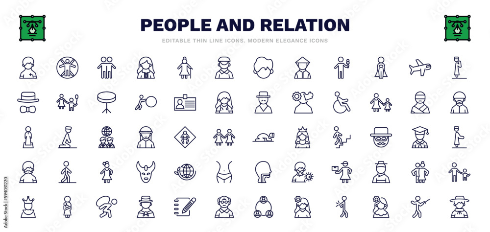 set of people and relation thin line icons. people and relation outline icons such as pacient, brothers, dutch, aviation, handicapped, sujud, ecosystem, burden, argentina vector.
