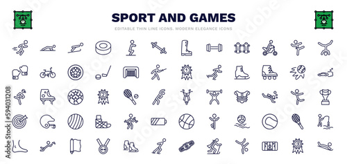 set of sport and games thin line icons. sport and games outline icons such as excersice, jumping ski, weighted bars, taekwondo, ice skating, motor sports, excercise, foil, snow slide zone vector.