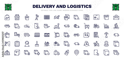 set of delivery and logistics thin line icons. delivery and logistics outline icons such as duty free, unpacking, scooter delivery, box, package on trolley, tings, ocean transportation, list, delay