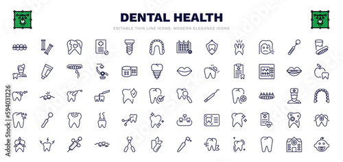 set of dental health thin line icons. dental health outline icons such as dental brackets, plaque, maxilla, mouth mirror, medical list, check up, tooth extraction, needle, baby vector.