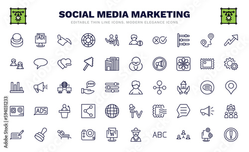 set of social media marketing thin line icons. social media marketing outline icons such as buttons, fill, pros and cons, avatars, stadistics, user avatar, letter with stamp, feedback, importance