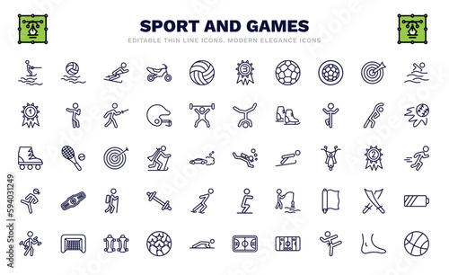 set of sport and games thin line icons. sport and games outline icons such as jet surfing, slalom, football ball, golden medal, roller skate, scuba diving, pencak silat, excercise, basketball basket