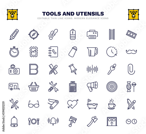 set of tools and utensils thin line icons. tools and utensils outline icons such as highlight, rubber bands, print button, time left, school push pin, empty shopping basket, candies, bath tub,