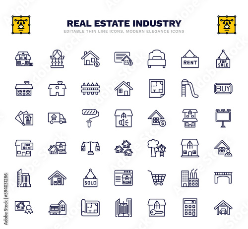 set of real estate industry thin line icons. real estate industry outline icons such as villa, or, bedroom, slides, advertisement, houses, agent, shopping, blueprint vector.