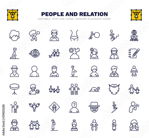 set of people and relation thin line icons. people and relation outline icons such as facial hair, dutch, effort, bedouin, qiyam, sickness, mother and daughter, zorro, takbir vector.
