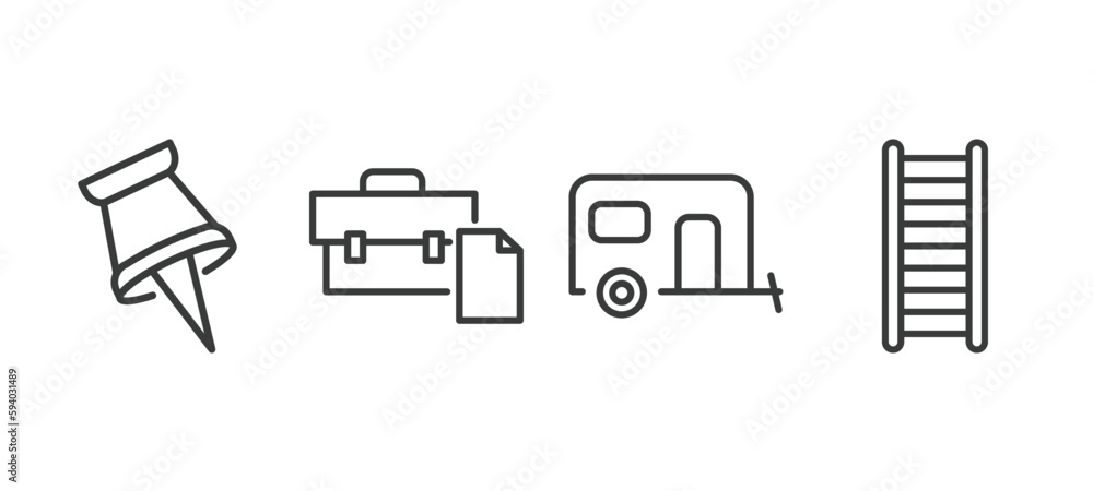 Obraz premium set of tools and utensils thin line icons. tools and utensils outline icons included tack save button, briefcase and document, house on wheels, hanging ladder vector.