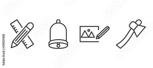 set of tools and utensils thin line icons. tools and utensils outline icons included carpentry, hanging bell, edit picture, hand axe vector.