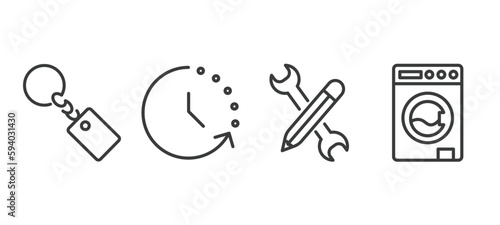 set of tools and utensils thin line icons. tools and utensils outline icons included key ring, time left, edit tools, top load washer vector.