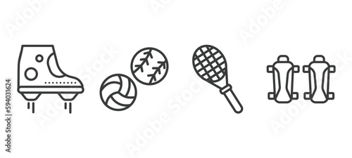 set of sport and games thin line icons. sport and games outline icons included flying shoes, balls, squash, shin guards vector.