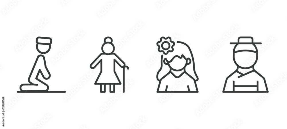 set of people and relation thin line icons. people and relation outline icons included julus, elder, woman with flower, korean vector. set of people and relation thin line icons. people and relation outline icons included julus, elder, woman with flower, korean vector.