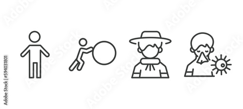 set of people and relation thin line icons. people and relation outline icons included small boy, effort, argentina, sickness vector.