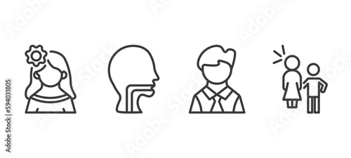 set of people and relation thin line icons. people and relation outline icons included mexican woman, throat, bussiness man, sexual harassment vector.