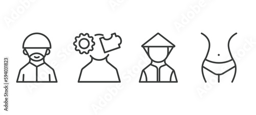 set of people and relation thin line icons. people and relation outline icons included muslim man, psychology, vietnamese, hips vector.