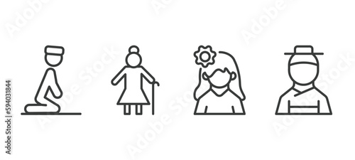 set of people and relation thin line icons. people and relation outline icons included julus, elder, woman with flower, korean vector.