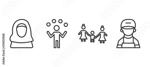 set of people and relation thin line icons. people and relation outline icons included arab woman, juggling ball, lesbian couple and son, technician vector.