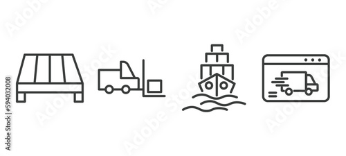 set of delivery and logistics thin line icons. delivery and logistics outline icons included pallet, forklift, logistic ship, delivery by website vector.