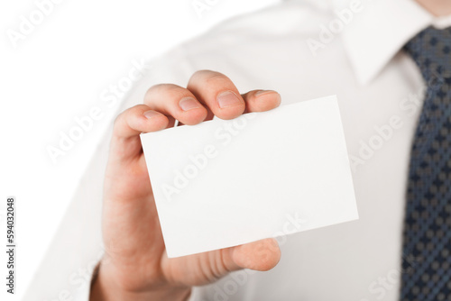 Closeup of a Businessman Showing a Blank Business Card
