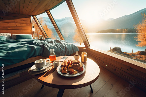 A beautiful interior photography of a hygge breakfast in a warm bed with fur by a curved floor to ceilling window during a sunrise, AI Generative photo