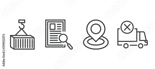 set of delivery and logistics thin line icons. delivery and logistics outline icons included container, waybill, tracking, delivery cancelled vector.