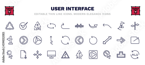 set of user interface thin line icons. user interface outline icons such as recycable, 4 ldpe, bridge, crossroads, navigation arrow, round left button, wait cursor, display, play video button, alu