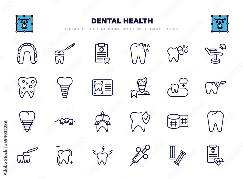 set of dental health thin line icons. dental health outline icons such as maxilla, medical list, tooth cleaning, implant, partial denture, malocclusion, gauze, sealants, dental needle, health report set of dental health thin line icons. dental health outline icons such as maxilla, medical list, tooth cleaning, implant, partial denture, malocclusion, gauze, sealants, dental needle, health report