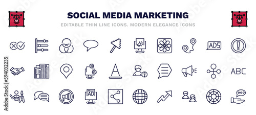 set of social media marketing thin line icons. social media marketing outline icons such as pros and cons, overlap, digital marketing, importance, , user warning, rocker, ad, trending, advise