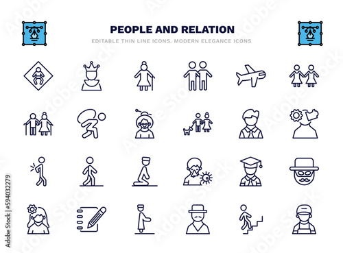 set of people and relation thin line icons. people and relation outline icons such as baby zone, elder, aviation, burden, bussiness man, bast, graduated student, pencil and notebook, spanish man,