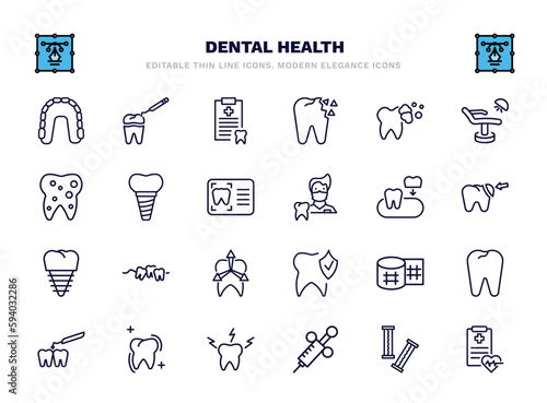 set of dental health thin line icons. dental health outline icons such as maxilla, medical list, tooth cleaning, implant, partial denture, malocclusion, gauze, sealants, dental needle, health report