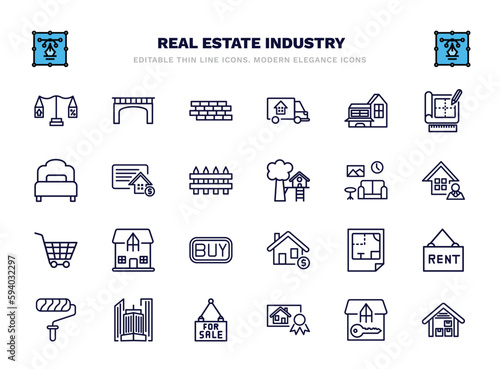 set of real estate industry thin line icons. real estate industry outline icons such as juridical, wall, modern house, deposit, house decoration, mansion, plans, skyscraper, certification,