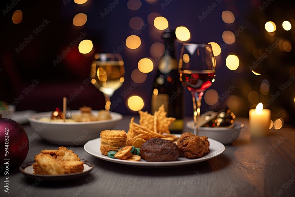 Drinks and food on a table with a kitchen in the background. Generative AI