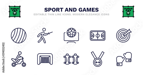 set of sport and games thin line icons. sport and games outline icons such as medieval fencing, football channel, basketball court, dartboard with dart, motorbike riding, hockey goal, shin guards,