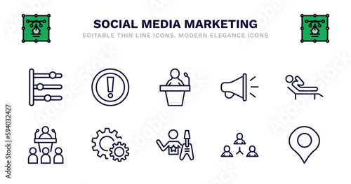 set of social media marketing thin line icons. social media marketing outline icons such as importance, seminar, promotion, recreational, conference, system, rocker, coordinating people, vector.
