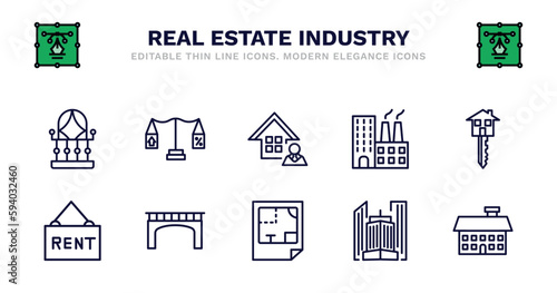 set of real estate industry thin line icons. real estate industry outline icons such as juridical, agent, industrial park, house key, rent, bridges, plans, skyscraper, facade vector.