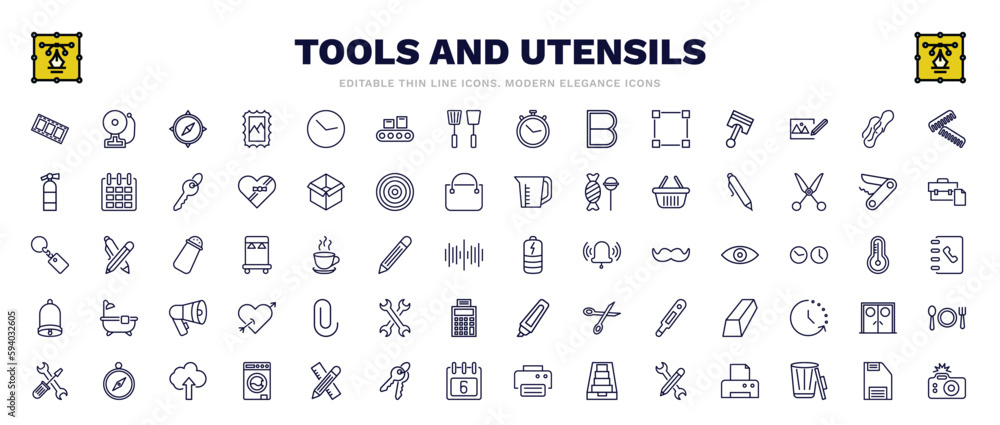 set of tools and utensils thin line icons. tools and utensils outline icons such as film strip photograms, cardinal points, combs, ink pen, charged battery, attachments, orientation compass, face