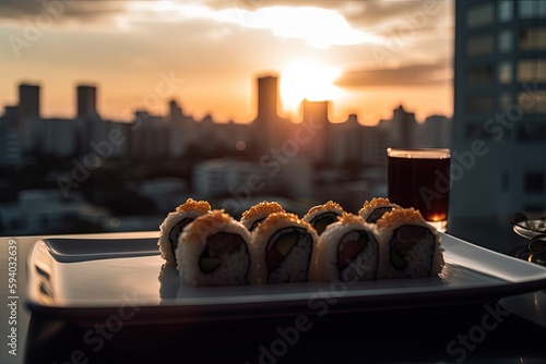 Sushi on a plate in the sunset. Generative AI