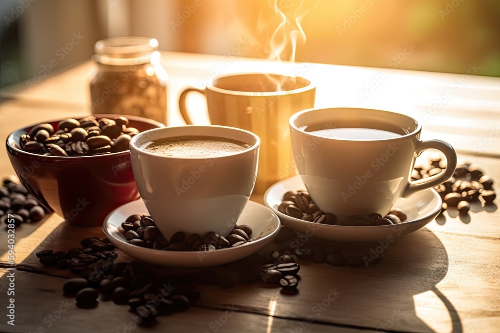 Cups of coffee, coffee bone on a table. Generative AI Cups of coffee, coffee bone on a table. Generative AI