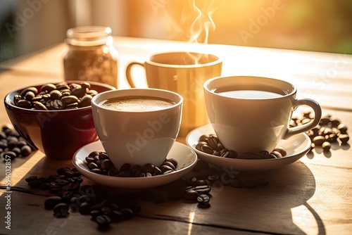 Cups of coffee, coffee bone on a table. Generative AI