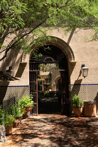 Vertical shot of a Southwestern-style courtyard in Sedona  Arizona  USA.