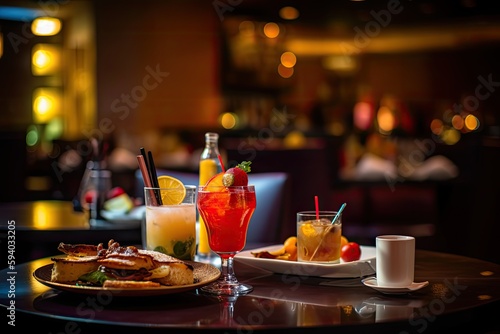 Drinks and food on a table with a kitchen in the background. Generative AI