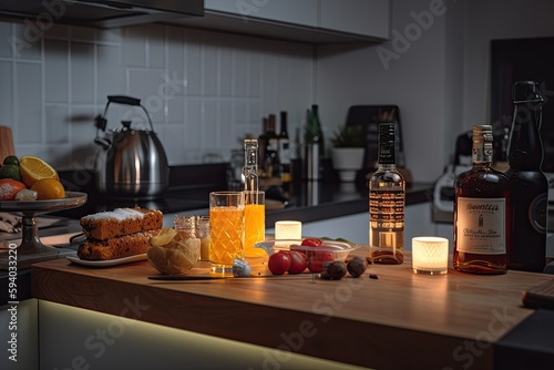 Drinks and food on a table with a kitchen in the background. Generative AI