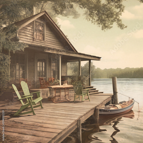 Vintage postcard summer retreat, nostalgic and timeless atmosphere, stone fireplace and wooden pier, generative AI