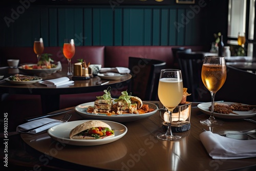 Wine and food on a table with restaurant in the background. Generative AI