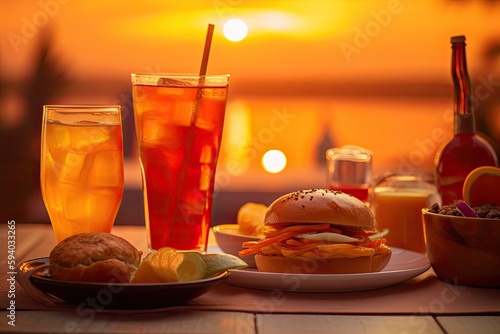 Food and Glasses, different drinks on a table in the sunset. Generative AI