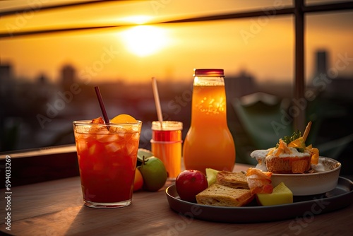 Food and Glasses, different drinks on a table in the sunset. Generative AI
