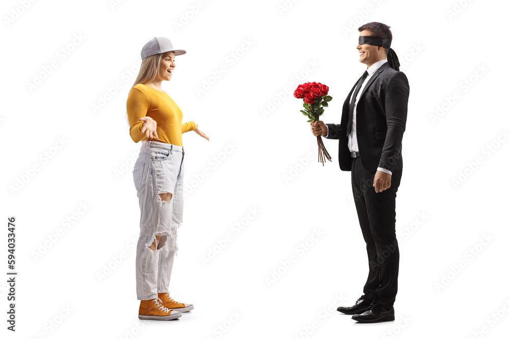 Full length profile shot of a businessman with a blindfold giving a bunch of roses to a young casual female - obrazy, fototapety, plakaty 