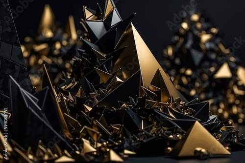 Polygonal black and gold abstract with spiky connection structure made with generative AI