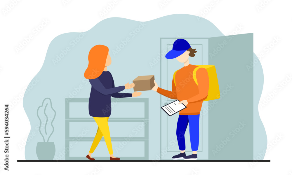 Delivery man giving parcel in the box to woman Delivery man giving parcel in the box to woman